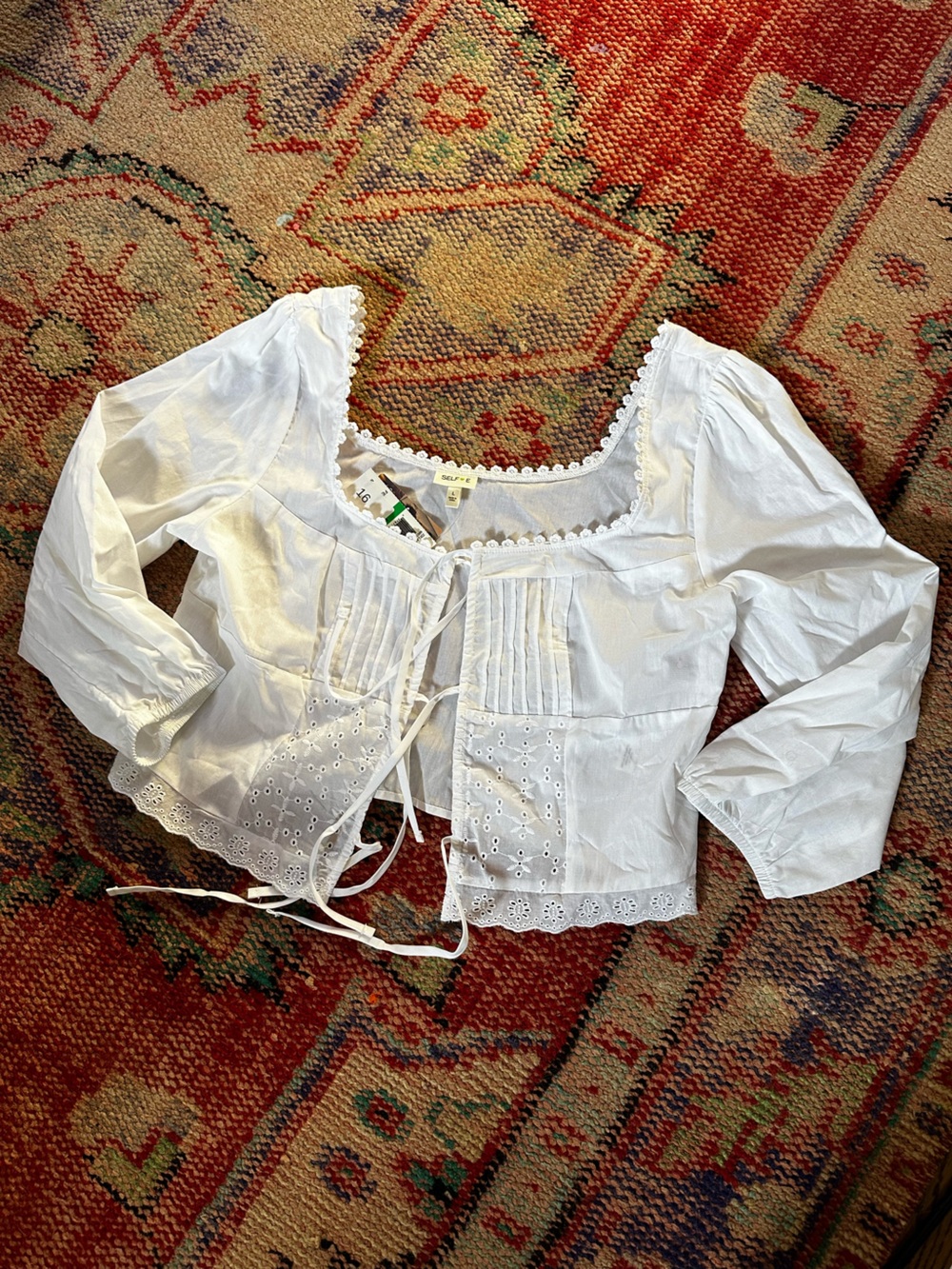 White Cotton Eyelet Tie-Front Peasant Blouse